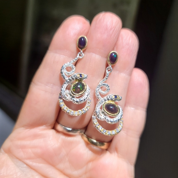 Black Opal sapphire &Topaz Sterling &Gold serpent 🐍 earrings - Picture 3 of 9